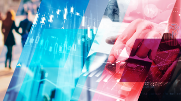 Composite image: office workers, stock chart, close-up of hand using tablet device.